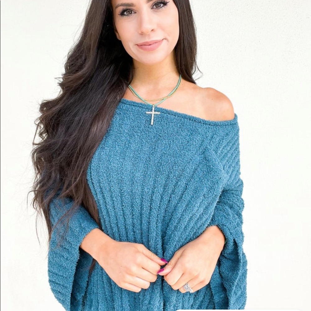 POL super soft teddy slouchy oversized sweater teal green blue